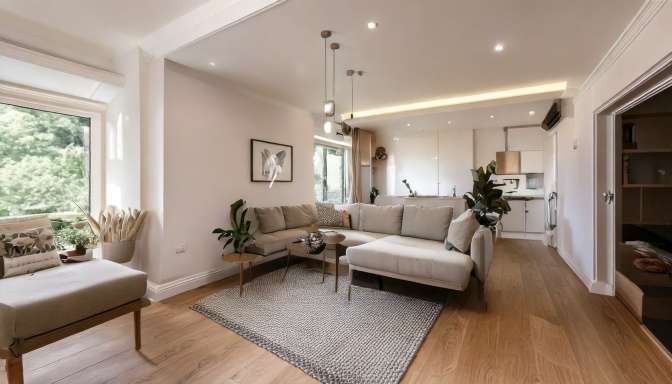 A narrow living room with a low ceiling. a Light Floor and Light Walls create an open invit
