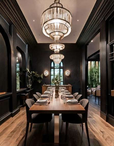 An Intimate Dining Area with Dark Walls and Light Ceiling 9260