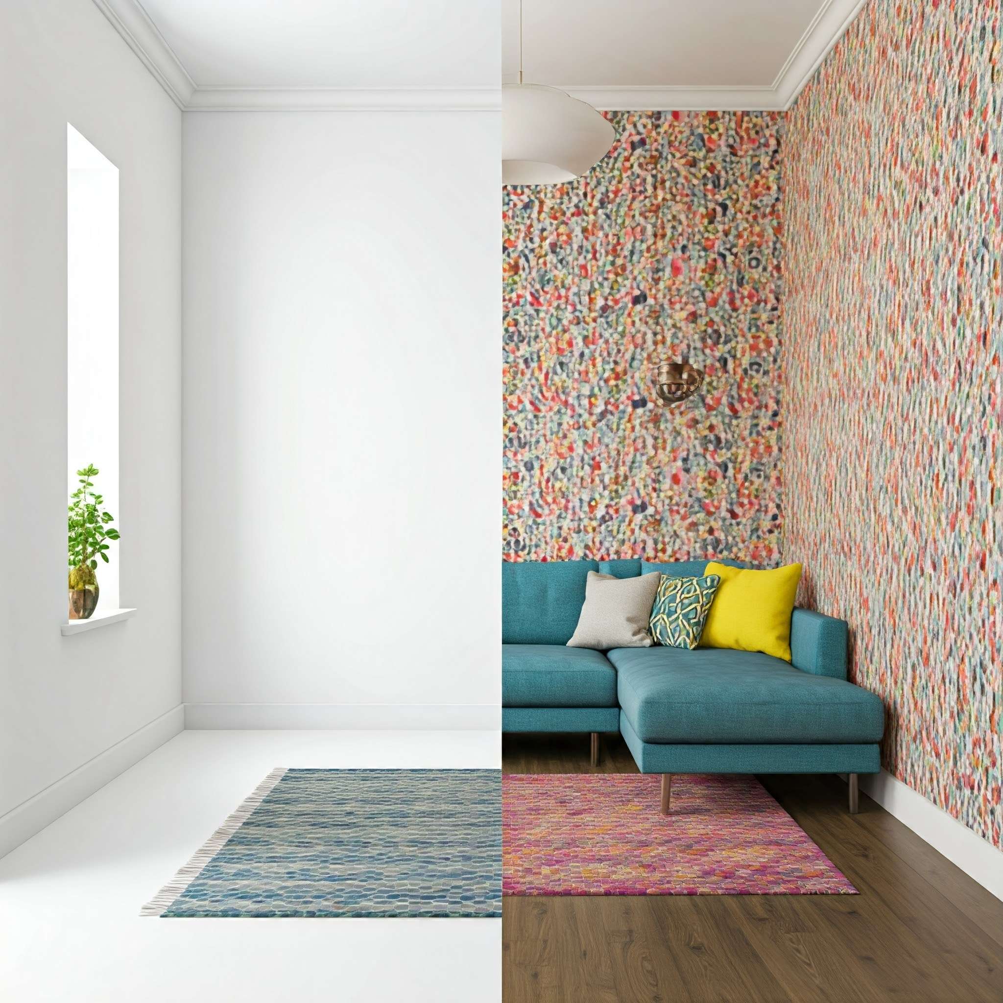 Before and After of a Narrow Room with Colour Schemes